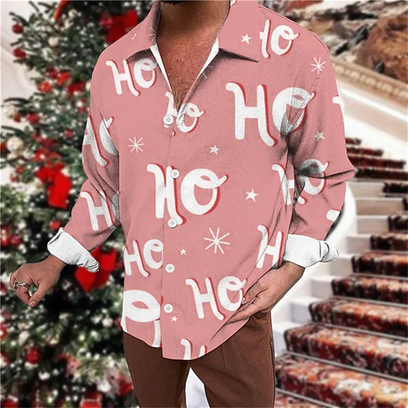 2023 Christmas Shirt Men Christmas Pattern 3D Printing Single Breasted Lapel New Year Shirt Christmas Snowman Long Sleeve Shirt