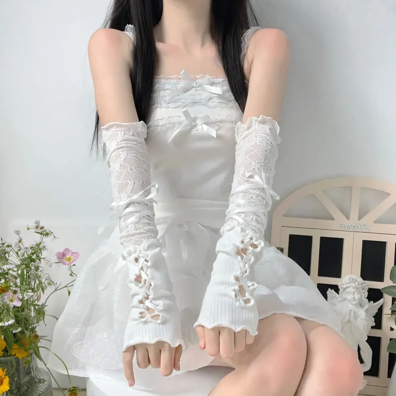 Lace up Arm Sleeves Women Ribbon Tie Goth Lolita Hollow out Fingerless Gloves Cosplay Arm Covers Party Y2k Aesthetic Hand Sleeve