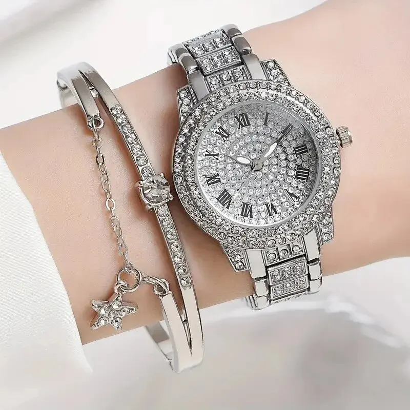 2pcs Women's Fashion Trend Star Digital Roman Full Diamond Steel Band Quartz Watch Luxury Luxury Love Rhinestone Bracelet Set