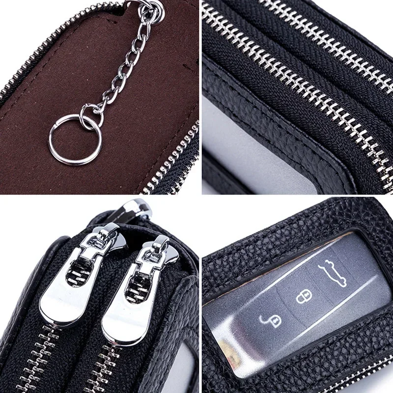 LLavero de coche de cuero genuino para hombre, práctico ama de llaves multifuncional con doble cremallera, funda cuadrada para llave de casa, billetera para llaves para mujer