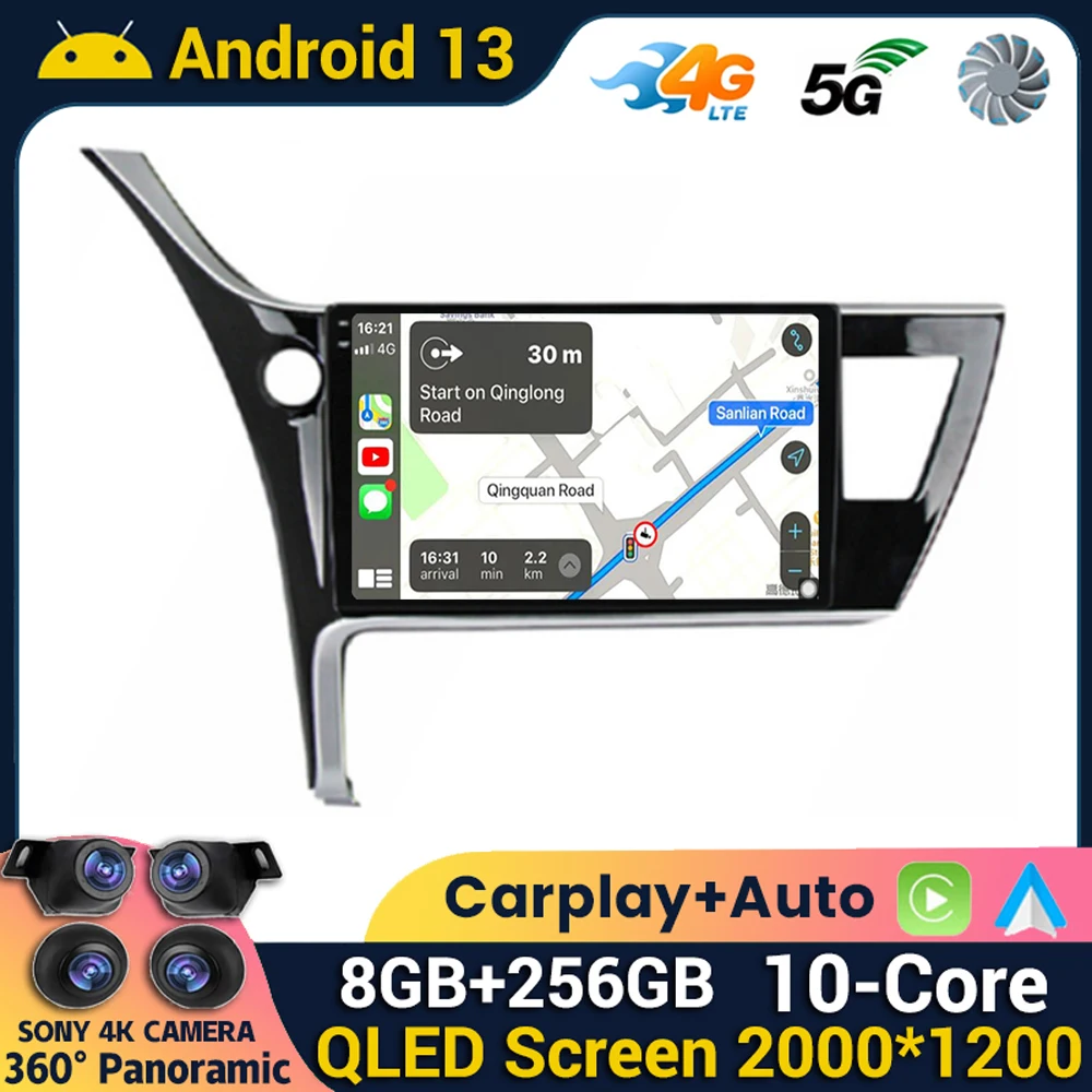 Leitor multimídia de carro Android 13, Carplay para Toyota Corolla 11, Auris E180, 2017, 2018, 2019, GPS Navi, Estéreo, BT, Auto, 2Din, HU