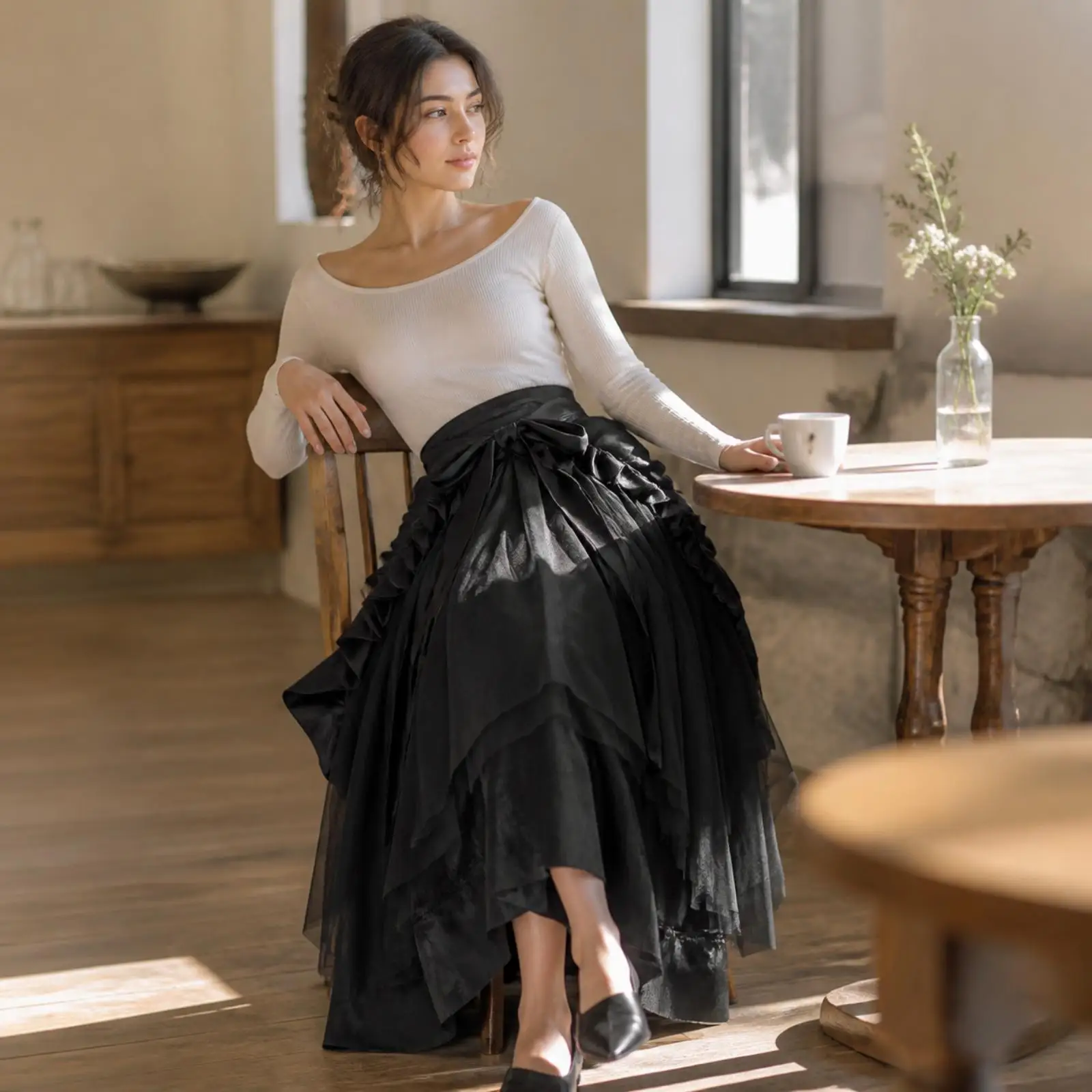 Black Women Pirate Skirt Asymmetrical Draped Midi Length High Waist Ruffle Detail for Vintage Style Dance