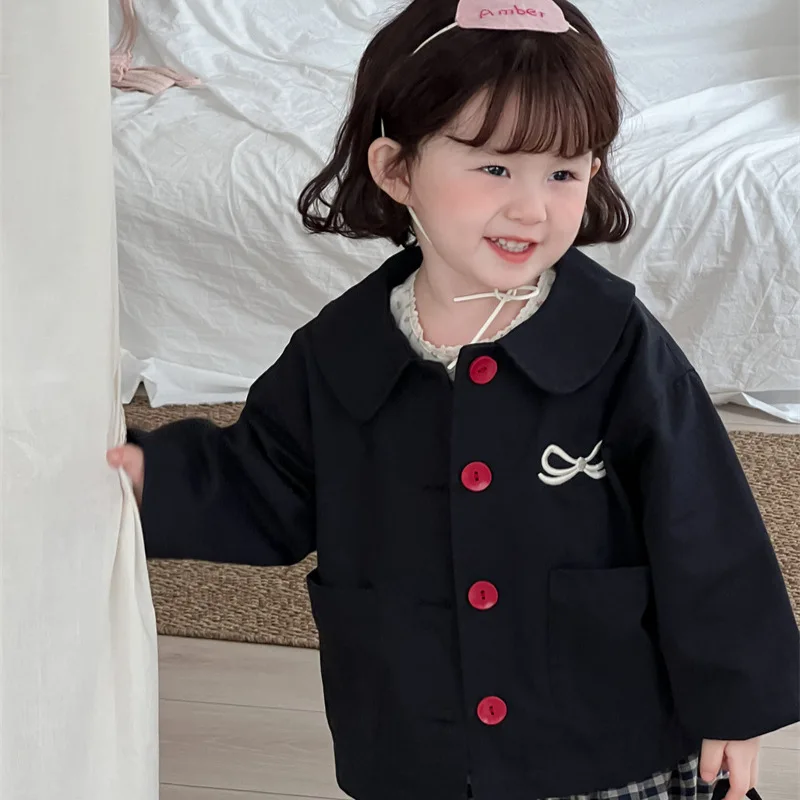

2025 Autumn New Product Children's Embroidered Bow Collar Red Button Cotton Coat