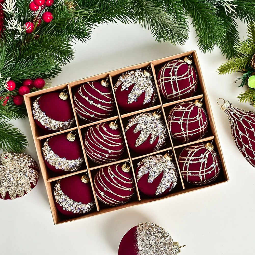 Christmas Tree Ornaments Set of 12 6CM Flocking Velvet Diamond Sequin Balls for Indoor and Outdoor Decorations