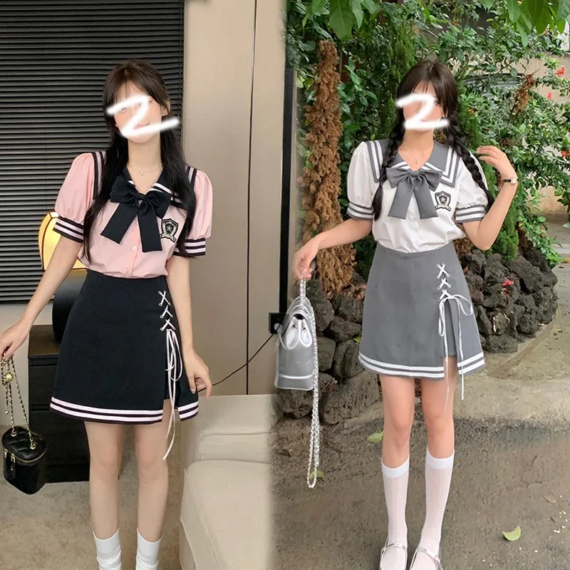 

plus Size College Style Skirt Set Women's Summer Design Sense Bow High Waist A-Line Short Skirt Two Piece Set Dress