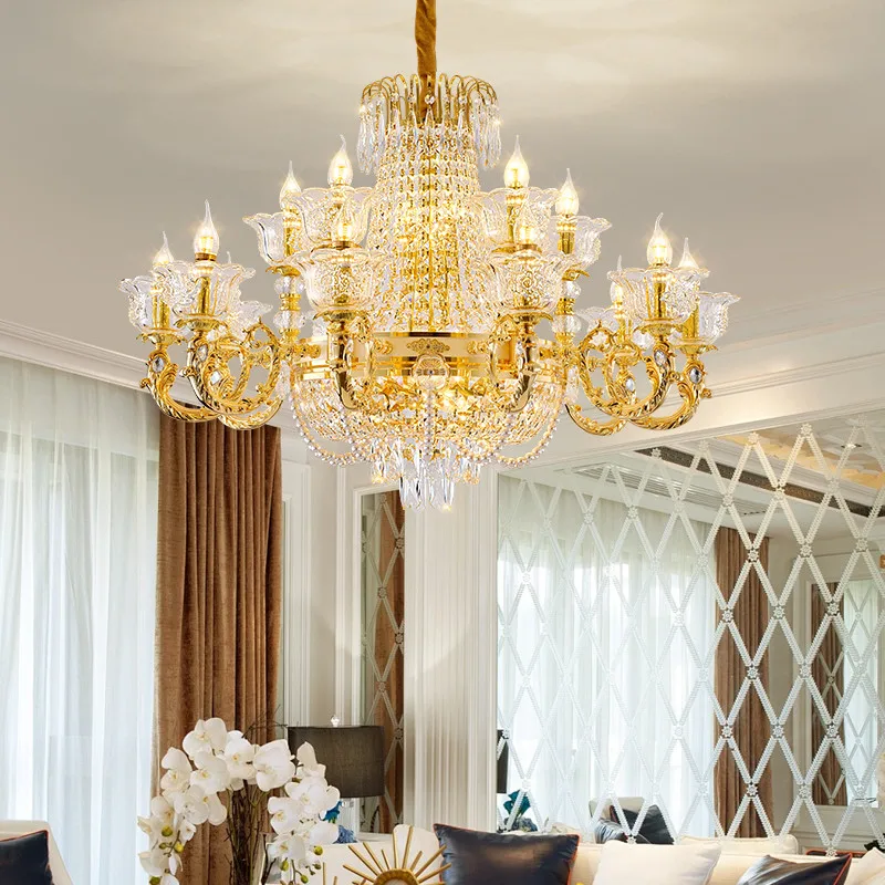 European Crystal Villa Chandelier Led Luxury Gold Living Room Restaurant Bedroom Hotel Duplex Building Pendent Lamp