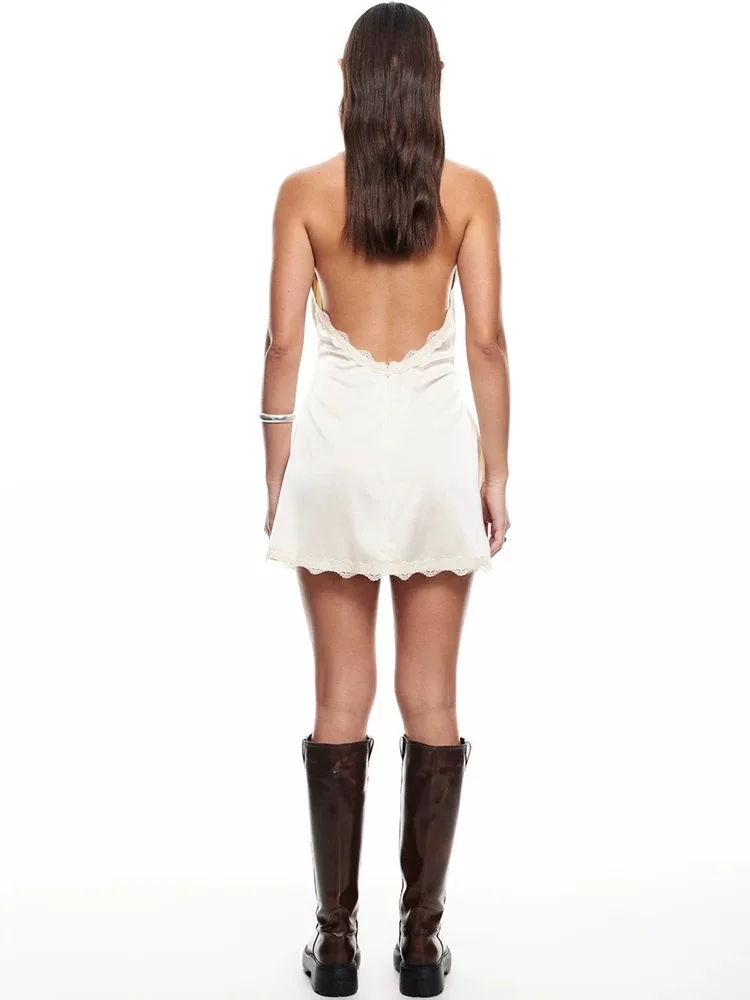 Sukienka z satyny jedwabnej z dekoltem typu halter, bez pleców, krótka spódniczka, sukienka na wakacje.