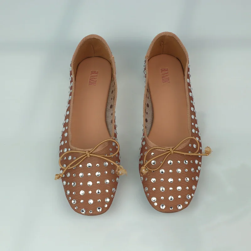 메쉬 자수 라인스톤 브랜드 여성 발레 플랫 작은 리본 통기성 메리 샌들 편안한 낮은 굽 플랫 2025