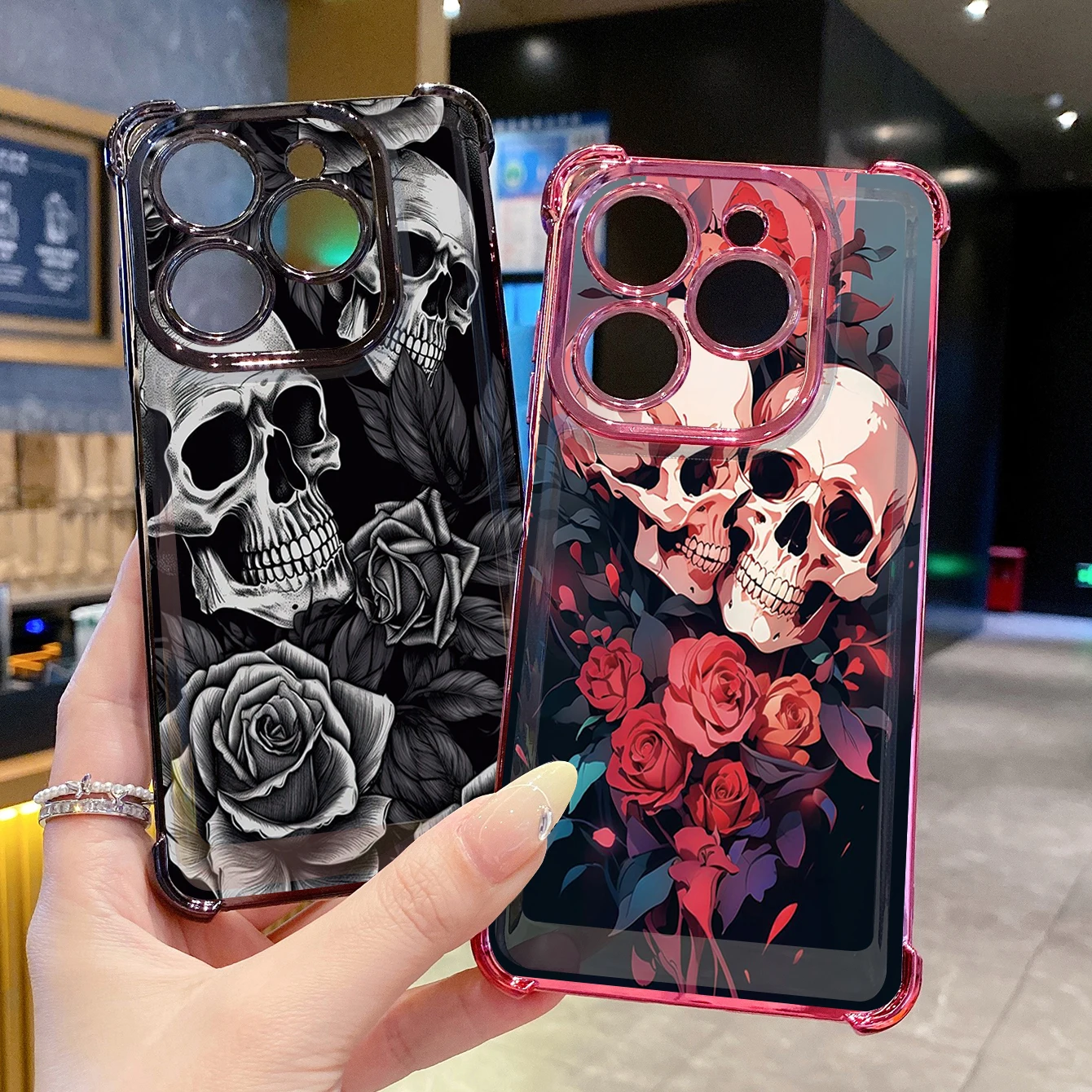 Совместимый с Infinix Hot 50i 40i 40 Pro 30 Play Smart 9 8 Прозрачный чехол с розовым черепом и защитой от падения