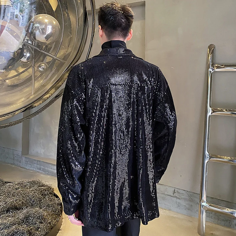 

Fashion New Sequin Deep V Lapel Men's Niche Design Shirt Silhouette Nightclub Style Oversized Long Sleeve Lapel Blouse Top