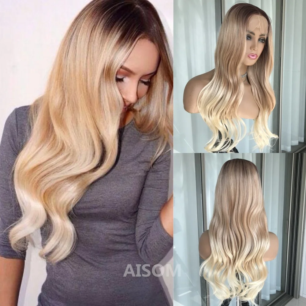 

Ombre Blonde Long Wavy Lace Front Wigs Pre Plucked Body Wave Synthetic Natural Hair Lace Wig Highlight Blonde for Women Daily