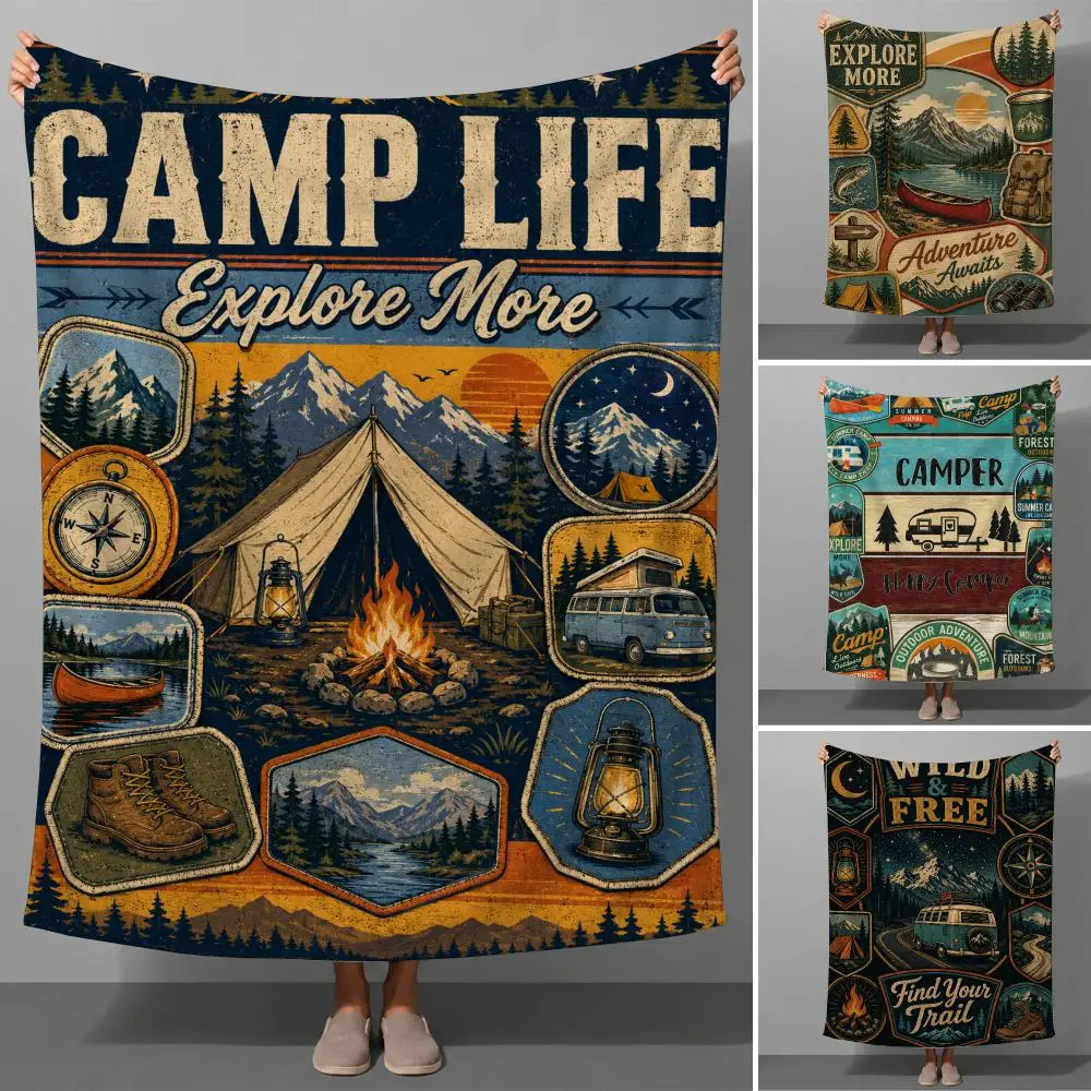 Camper And Forest Outdoor Camping Nature Aesthetic Throw Soft Flannel Throw Blanket for Couch Bed Sofa Warm Cozy All Season