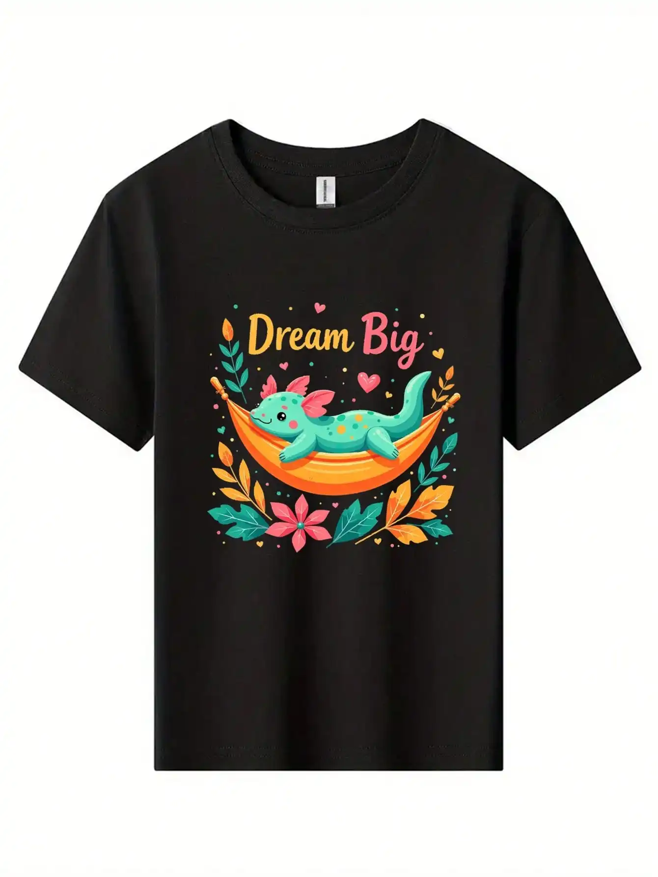

Dream Big Axolotl In Nature Cotton T-Shirt, Black Tee With Axolotl, Leaves, And Flowers, Motivational Summer Tops