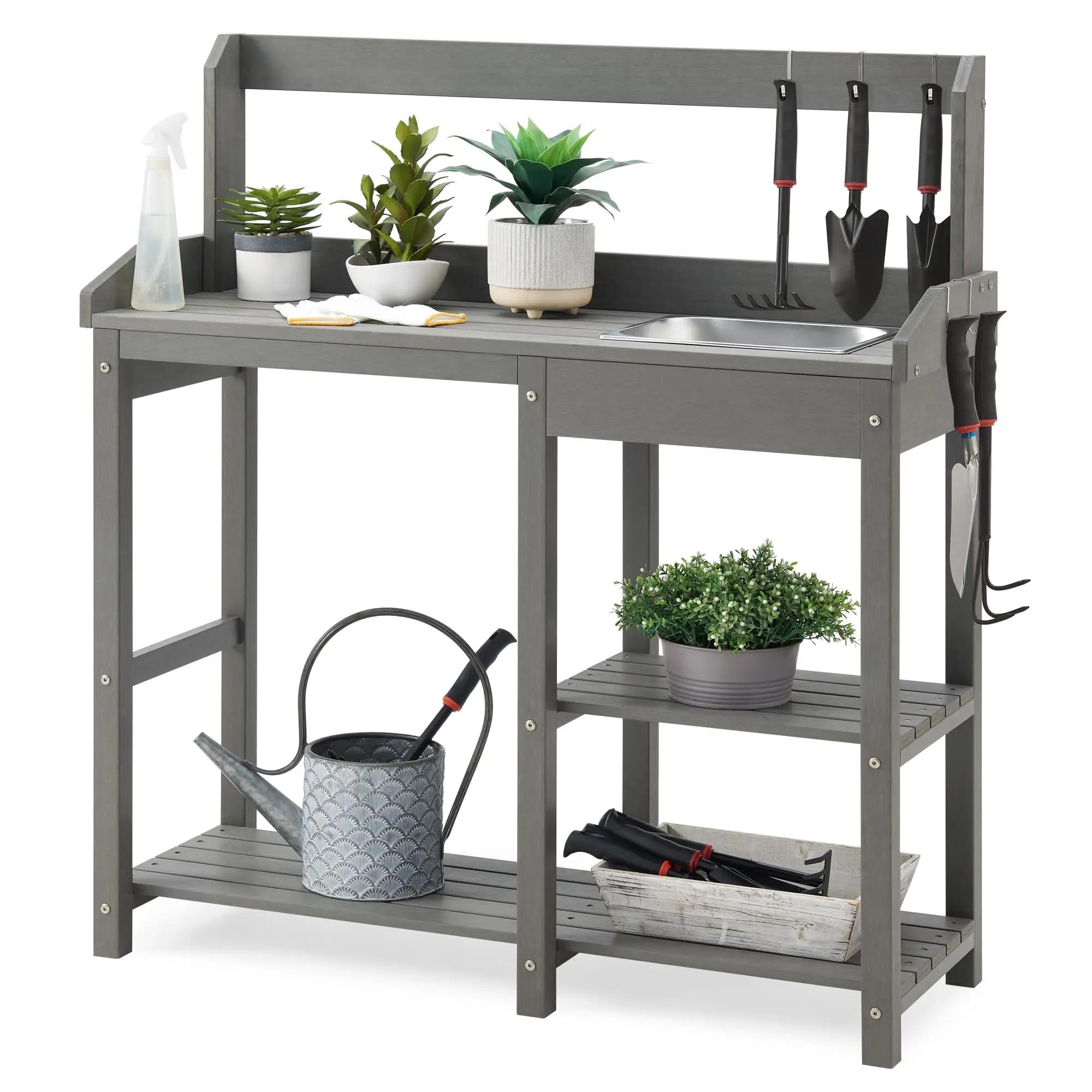 Outdoor Potting Bench Table with Sink for Outside Garden, Gray