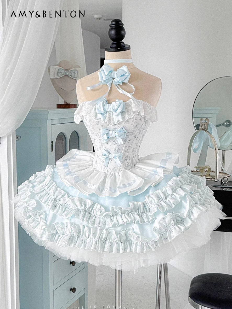 Ensemble jupe Lolita pour fille, tempérament rétro pastoral, épaules dénudées, nœud imprimé, haut sans bretelles, jupe Tutu, ensemble deux pièces pour femmes