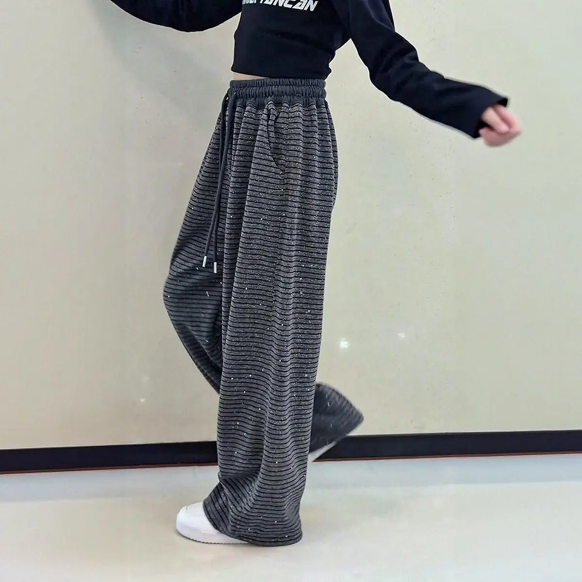 Girls Striped Wide Leg Pants Autumn Casual Loose Trousers Classic Student Versatile Kids Bottoms