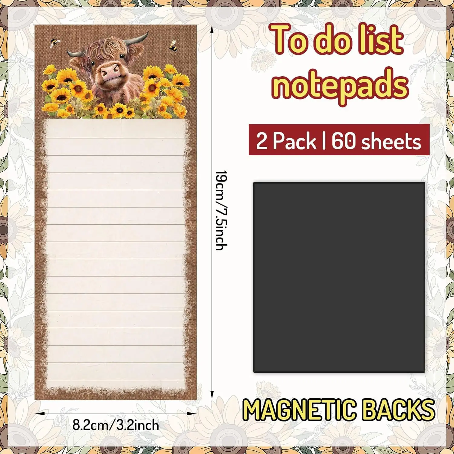 1/2-teiliges magnetisches Notizblock-Set 20,07 x 7,62 cm Highland Cow Magnetic Planner Notizblock Kühlschrankmagnete – nicht klebend – Detail 2