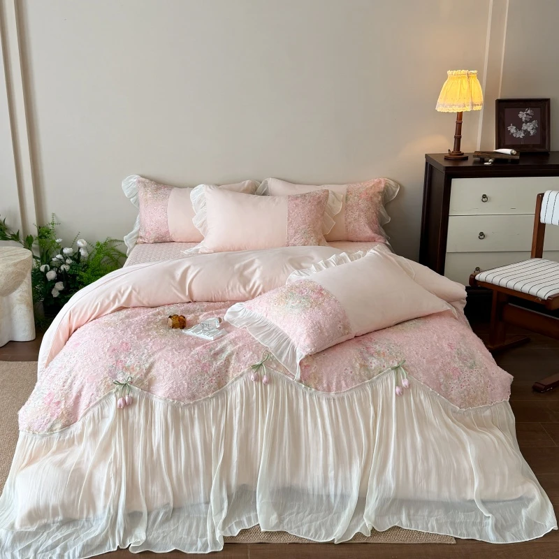 Shabby Chic Pink Flower Bedding Set Tulip Bow Decor Sheer Mesh Ruffle Duvet Cover Bed Sheet/Quilted Bedspread Pillowcases 4Pcs
