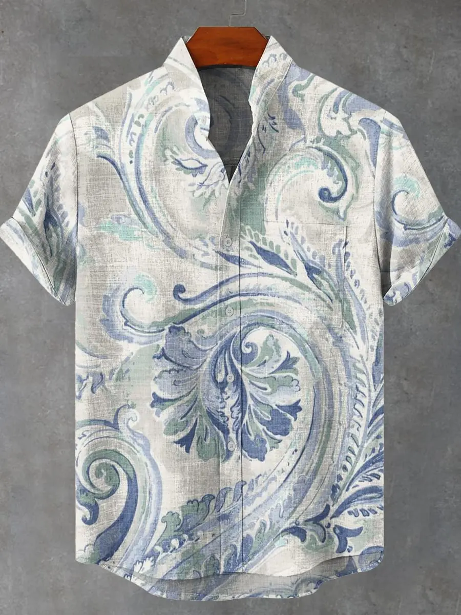 

Vintage Style Men's Short Sleeve Shirt Fish Pattern New Casual Linen 80% Shirt Comfortable Fabric Short Sleeve Shirt