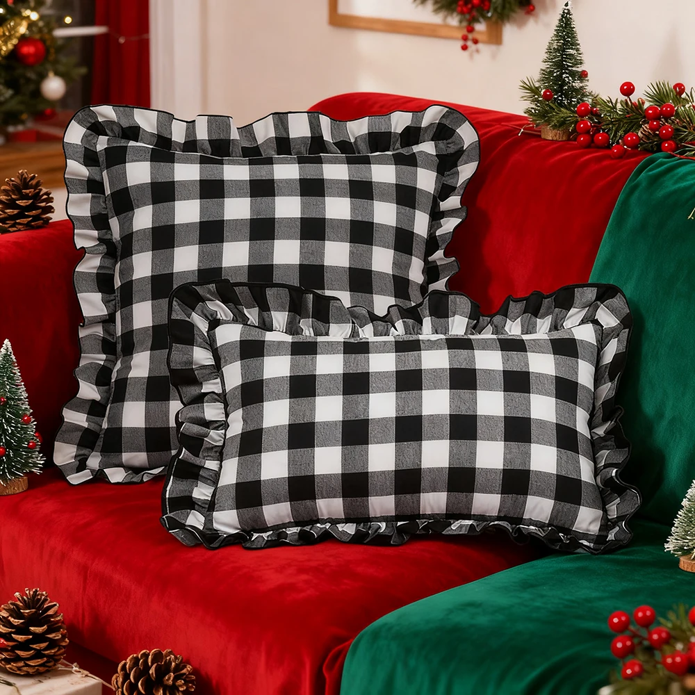 Dekorative Karierte Rüschen-Kissenbezüge, Schachbrettmuster Sofakissen-Überzüge, Wohnzimmer-Kissenhüllen, Weihnachtsdekoration – Detail 7