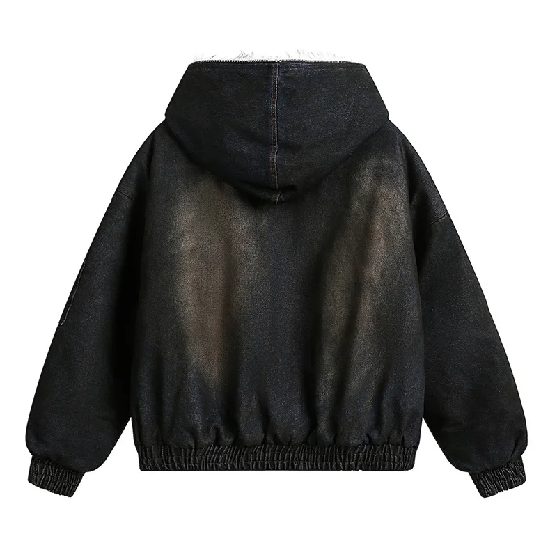 American Style Loose Denim Seat Mountain Carved Fur Collar Hooded Cotton Jacket With Thick Down Cotton Filling For Warmth