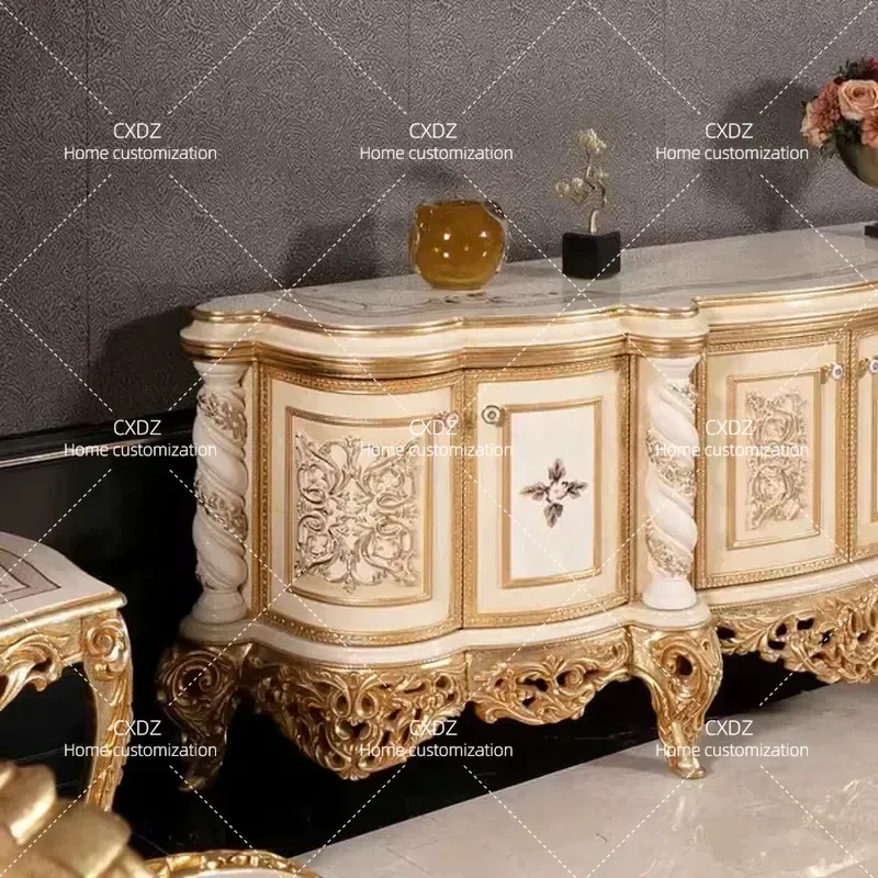 European solid wood carving flower TV cabinet French luxury villa living room furniture home painted TV cabinet floor cabinet