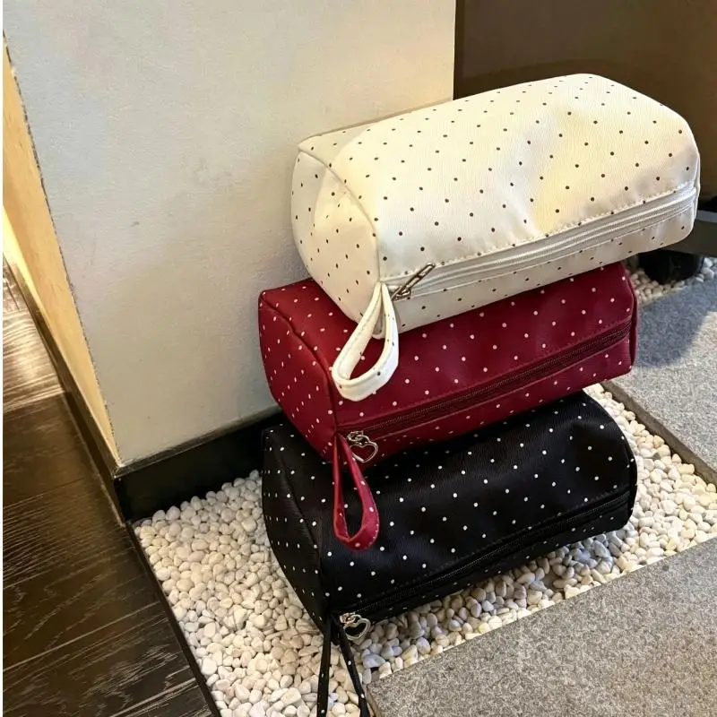 Kosmetiktasche aus gepunktetem Twill-Stoff mit großem Fassungsvermögen und Reißverschluss für Reisen und tägliche Toilettenartikel-Aufbewahrung – Detail 2