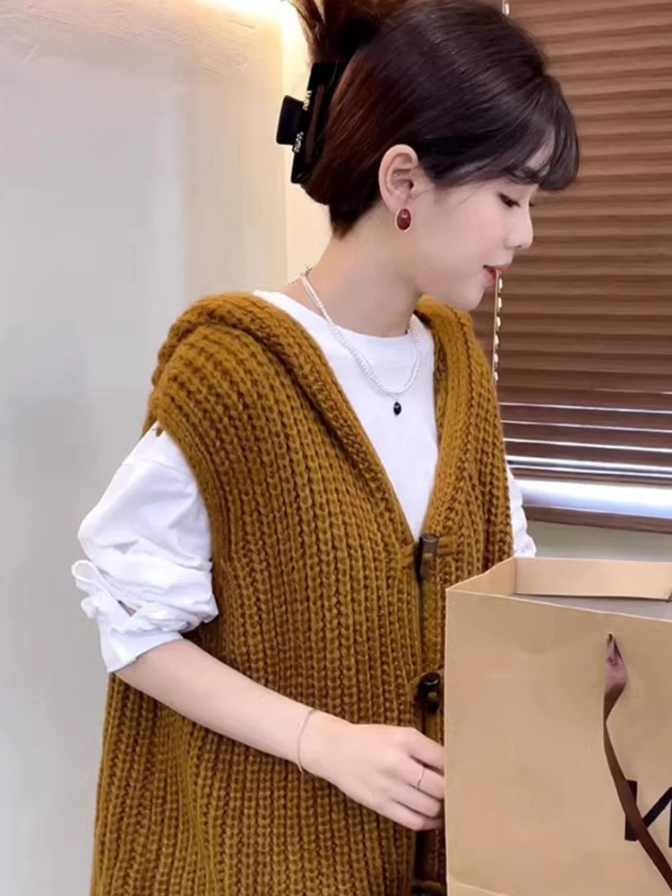 

Slimming Pure Color Hooded Camere Knitted Vest Autumn Layering Versatile Comfortable Faionable Open Cardigan Sweater