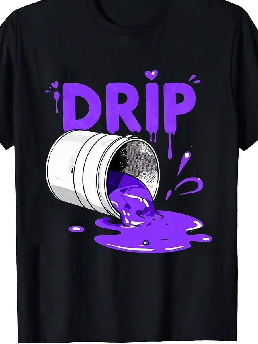 1pc Men's Purple Liquid Cup Print Black TShirt, Crew Neck, Casual Cotton Tee Medium Stretch Knit Fabric, Men's Regular Fit, Size