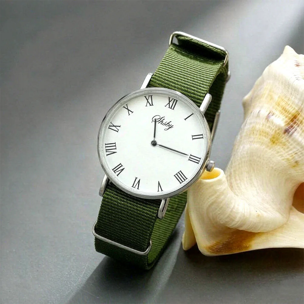 Unisex Oversized Black Dial Quartz Watch with Army Green Canvas Strap Minimalist Casual Streetwear Wristwatch for Men And Women