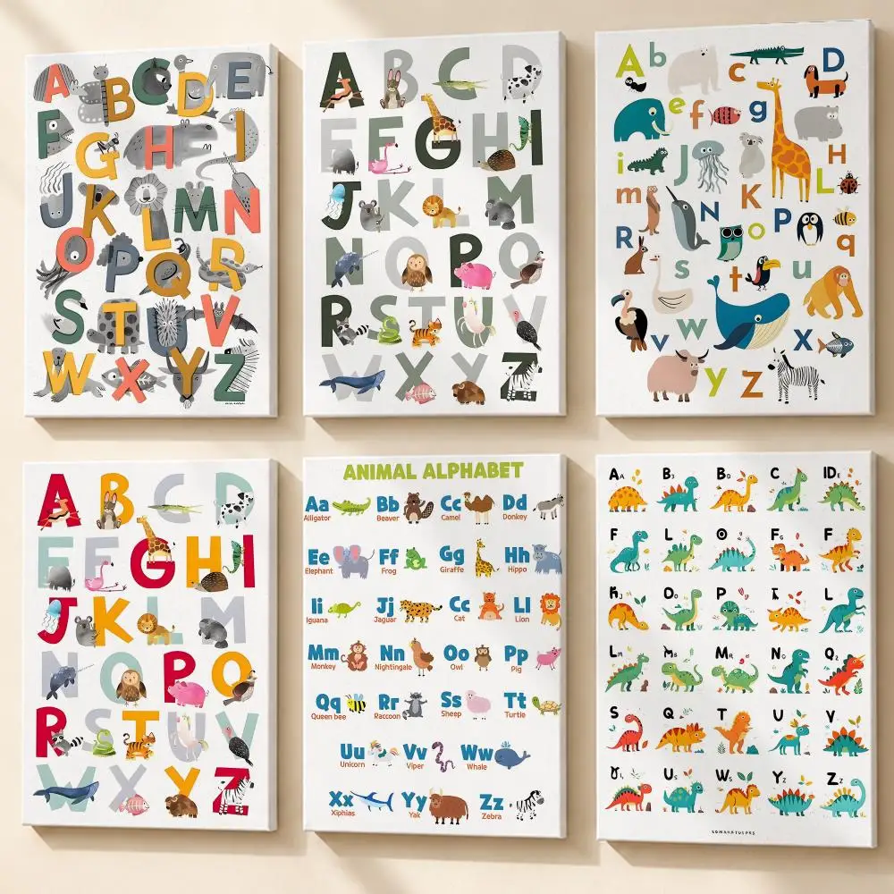 Dinosaur Alphabet ABC Framed Wall Painting Ready to Hang Canvas Art Poster for Living Room Bedroom Home Decor Decals