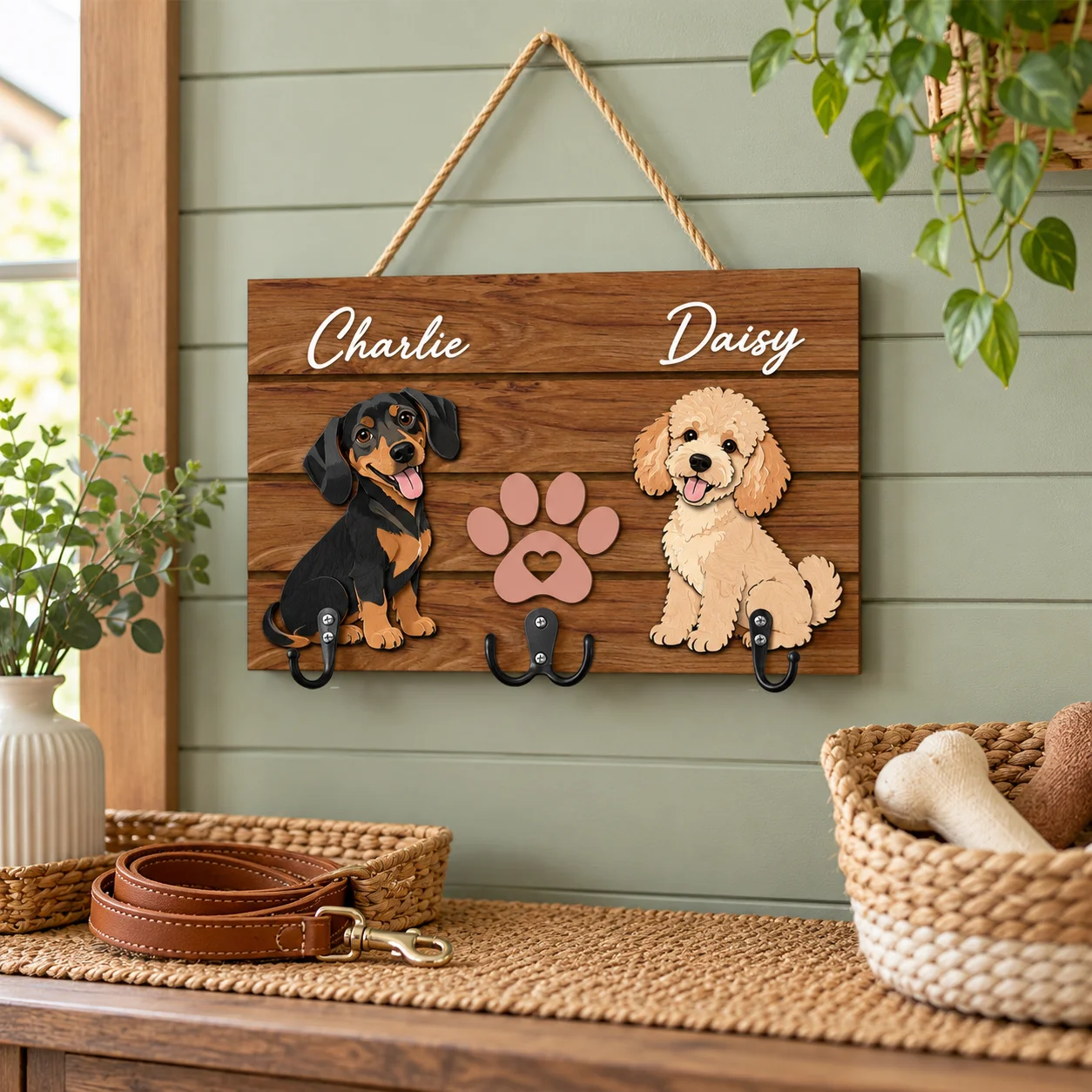 Personalized Dog Leash Holder for 2 Dogs Custom Pet Names Wooden Wall Hook Rack for Collars Keys Entryway Decor