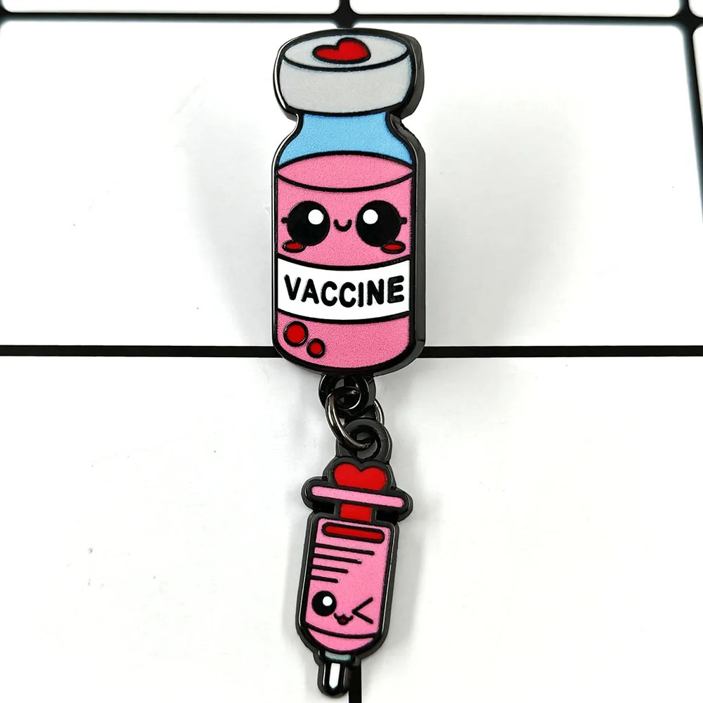 Cute Vaccine Syringe Brooch Cartoon Pink Vaccine Bottle Enamel Pin with Pendant Love Infusion Bottle Badge Nurse Accessories