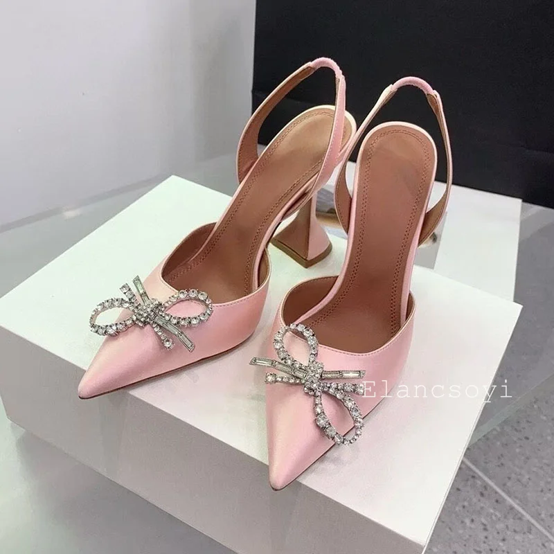 Pointed Toe High Heels Women Pumps Crystal Bow Satin Sandals Summer Cup Heels Back Strap Sandalias Sexy Party Banquet Shoes view 2