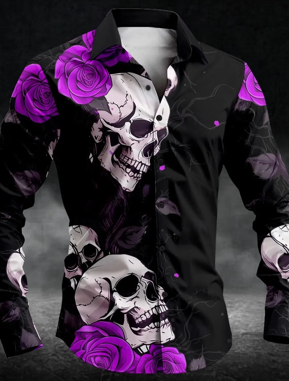 Camisa con botones para hombre, informal, oscura, con calavera rosa, manga larga, para fiesta, noche, camisa diaria, cuello, botón