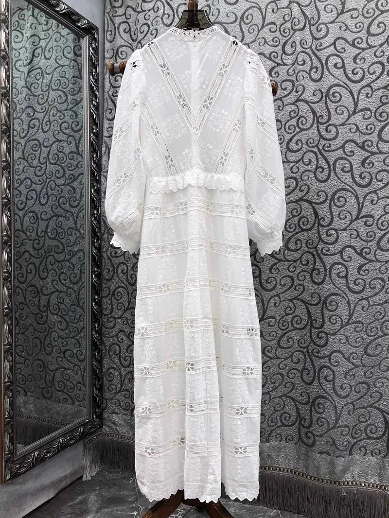 Top Quality New Long Autumn Dress 2024 Fashion Women Crochet Embroidery Flower Long Sleeve White Party Evening Dress Birthday