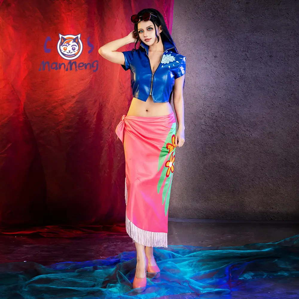 Anime OP Nico Robin Cosplay Costume Blue leather short sleeved dress sunglasses women Halloween party sexy uniform tailor-made view 3