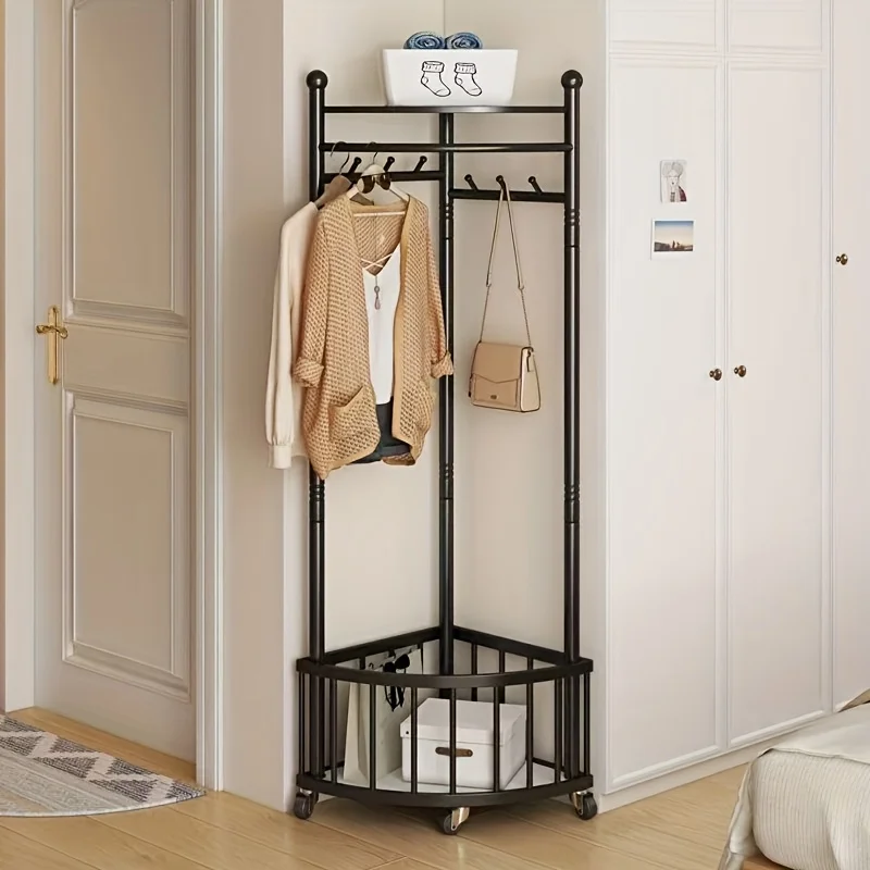 Metal Triangular Coat Rack with Hooks and Wheels for Easy Mobility. Features Storage Space Above  Below. Corner-friendly Design