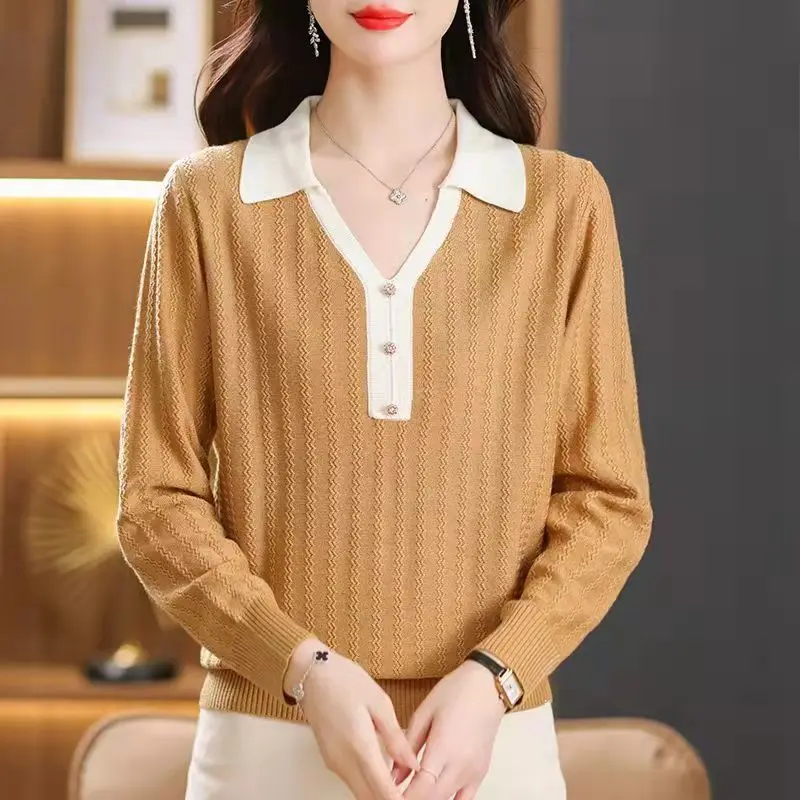 Woman Autumn and Winter New Korean Stylish Lapel Long-sleeved Upscale Solid Color Corrugation Loose Button Splicing Knit Top