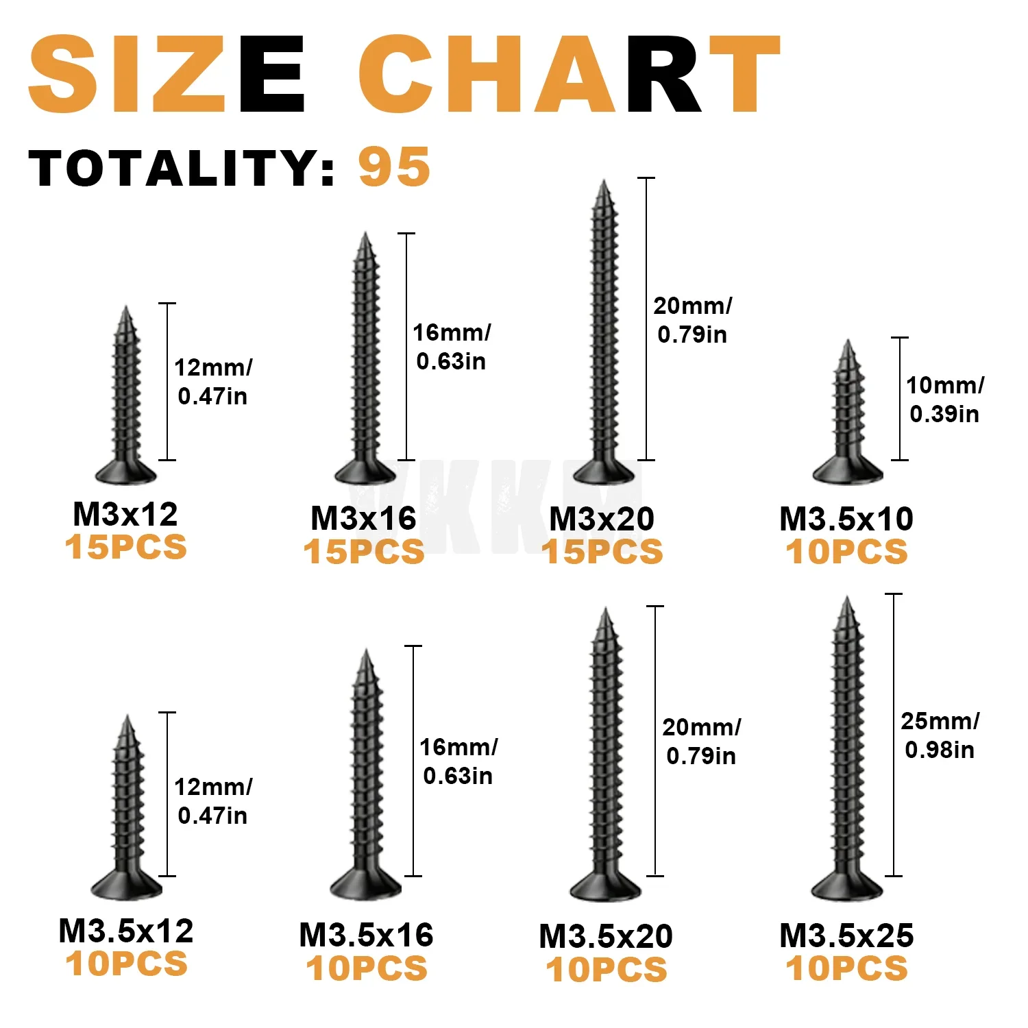 M3 To M3.5 Flat Head Cross Wood Screw Assembly Fastener Kit, Cross Grooved Countersunk Head Tapping Screws Carbon Steel -95 PCS