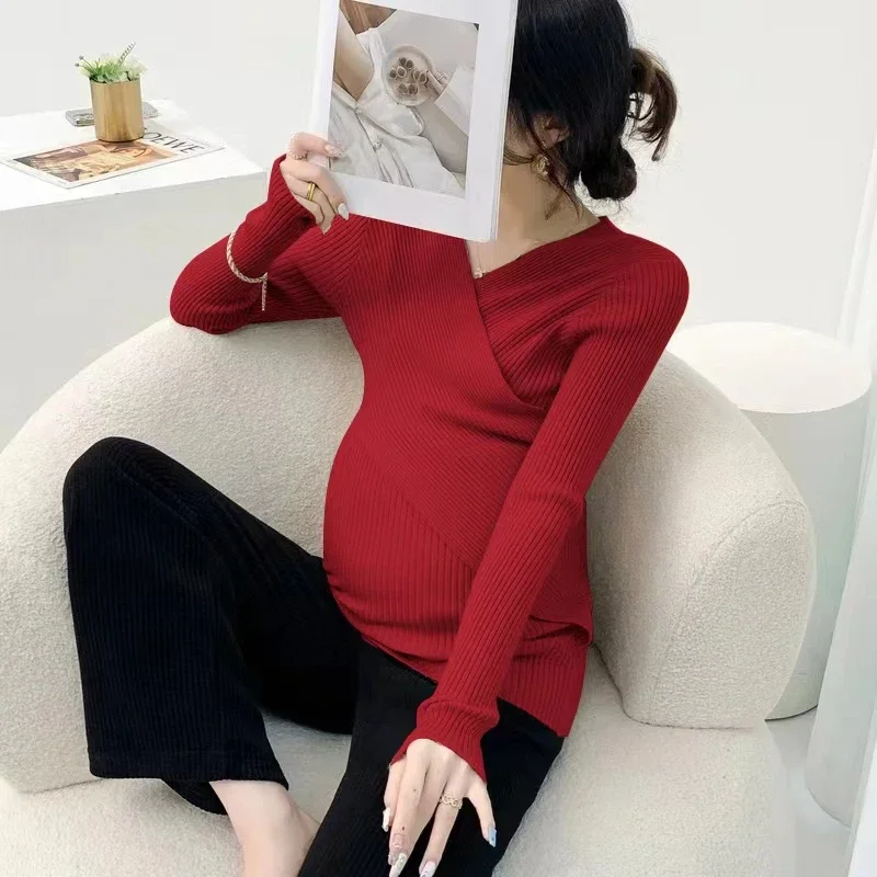 0625# Autumn Across V Neck Maternity Nursing Sweaters Shirts A Line Hot Breastfeeding Tops Clothes for Pregnant Women Pregnancy