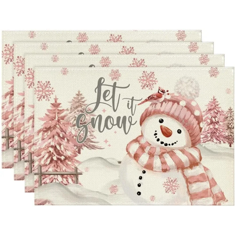 Merry Christmas Let It Snow Pink Snowman Placemats Home Decor 2026Winter Xmas Trees Dining Table Mats Christmas Decorations