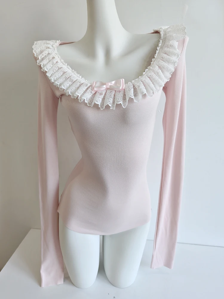 

Розовые топы, футболка, женская осень 2024, тонкие топы с длинными рукавами и кружевной отделкой, милая футболка для милых девочек, кавайная одежда