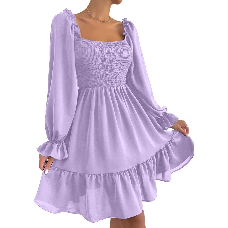 Abito da donna con maniche a sbuffo e collo quadrato, mini abito babydoll casual con linea svasata e orlo arricciato
