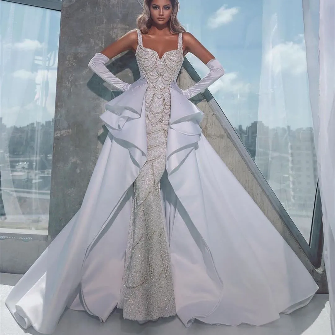 

Luxury Mermaid Wedding Dress Sleeveless V Neck Sequins Appliques Beads Straps Bridal Gowns Detachable Train Diamonds Customized