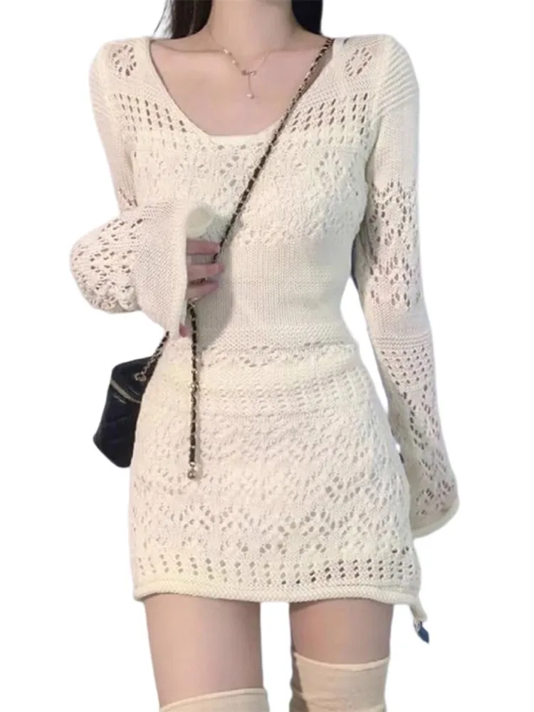 

White Knitted Hollow Long Sve Dr Women's Early Spring 2025 New High-End Spicy Girl Bodycon Skirt Street Sle Slim Fit