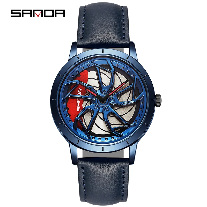 SANDA 1086 360 Degrees Rotating Wheel Dial Men\'s Quartz Watches Men Fashion Business Racing Car Rim Wristwatch Relogio Masculino