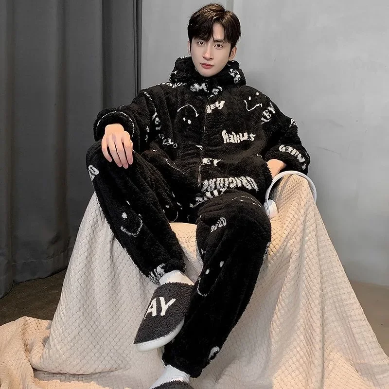 Men's Pajamas Autumn Winter Thick Coral Velvet Loungewear Youth Warmth Zipper Hooded Home Clothing Black Letter Set Sleepwear