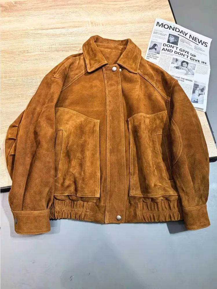 Hohe Qualität Frauen Echtes Leder Jacke Lose Fit Herbst Vintage Motorrad Kurzen Mantel Zipper Wildleder Schaffell Casual Oberbekleidung