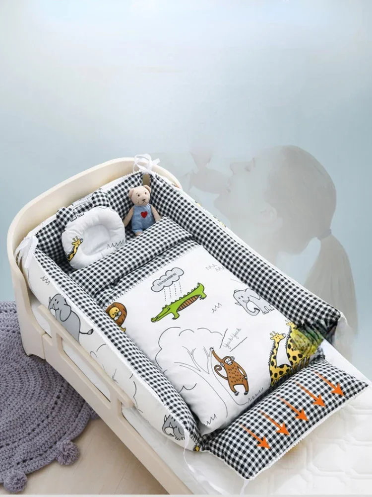 Multifunctional Portable Crib Middle Bed Baby Play Bed Detachable Mobile Bionic Bed Baby Nest Cartoon Down Cotton Styling Pillow